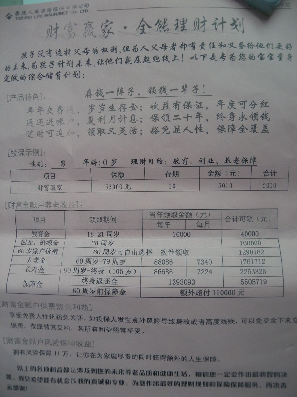 泰康人寿的 财富赢家 全能理财计划 产品怎么样